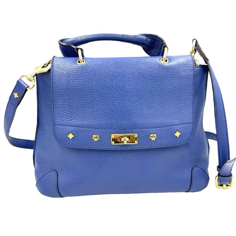 MCM First Lady Blue Pebbled Leather Satchel Top Handle Crossbody Bag Quiet Lux